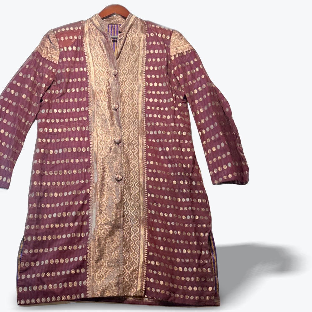 Vintage Silk Banarasi Brocade Sherwani Jacket Reversible Choga Coat Mens Small